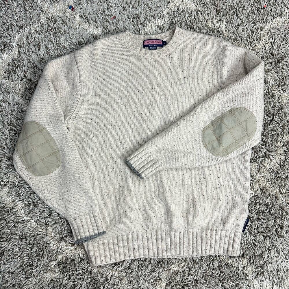 Vineyard Vines Lambswool Quilted Elbow Patch Sweater Oatmeal Men's L Crewneck